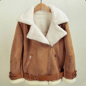 Faux Fur Lined Shearling Moto Jacket, light brown